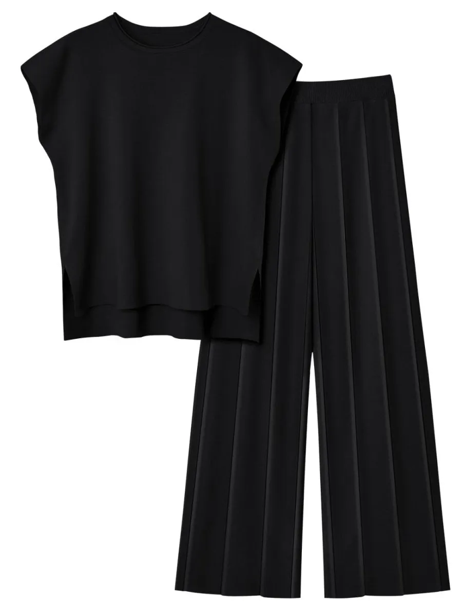 Cap Sleeve Round Neck Knit Two-Piece Set - Top & Pants
