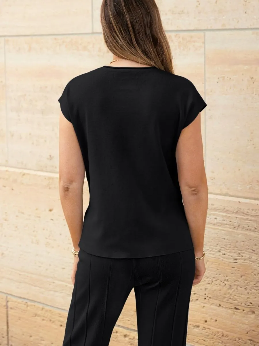 Cap Sleeve Round Neck Knit Two-Piece Set - Top & Pants