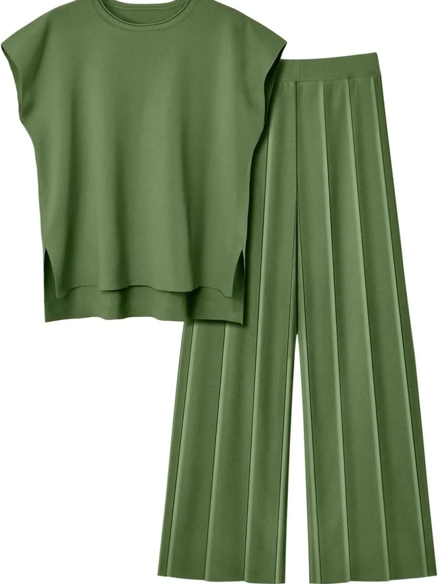 Cap Sleeve Round Neck Knit Two-Piece Set - Top & Pants