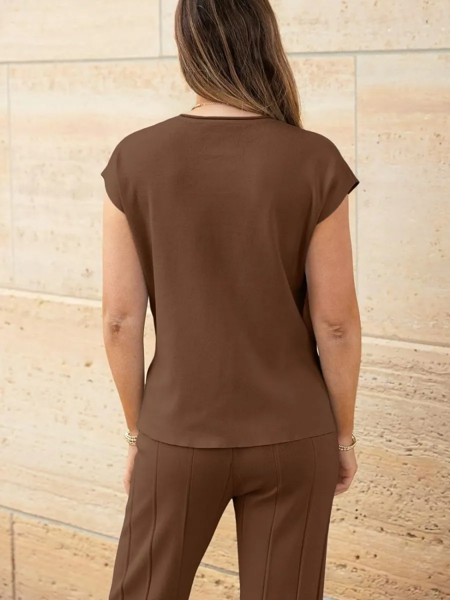 Cap Sleeve Round Neck Knit Two-Piece Set - Top & Pants