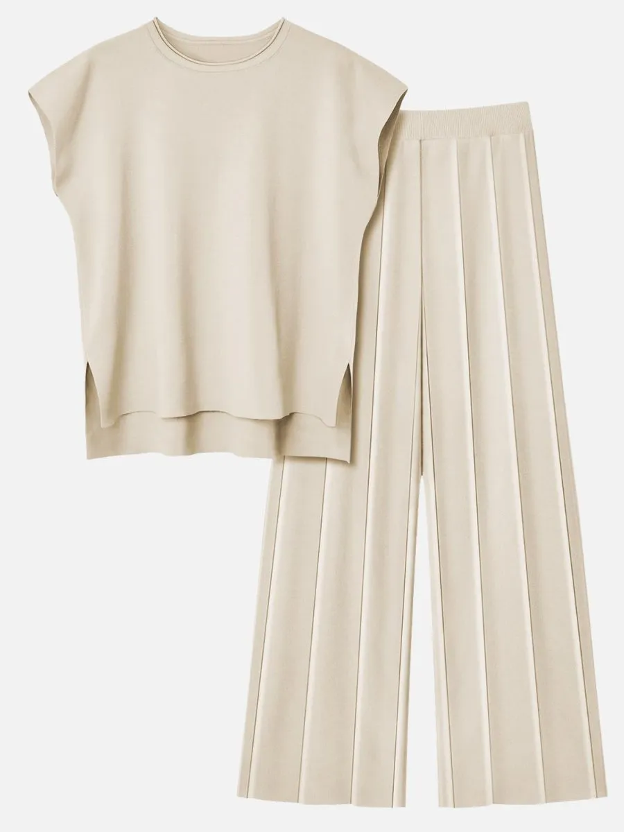 Cap Sleeve Round Neck Knit Two-Piece Set - Top & Pants