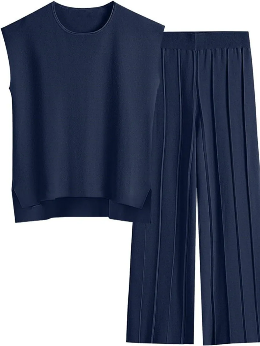 Cap Sleeve Round Neck Knit Two-Piece Set - Top & Pants