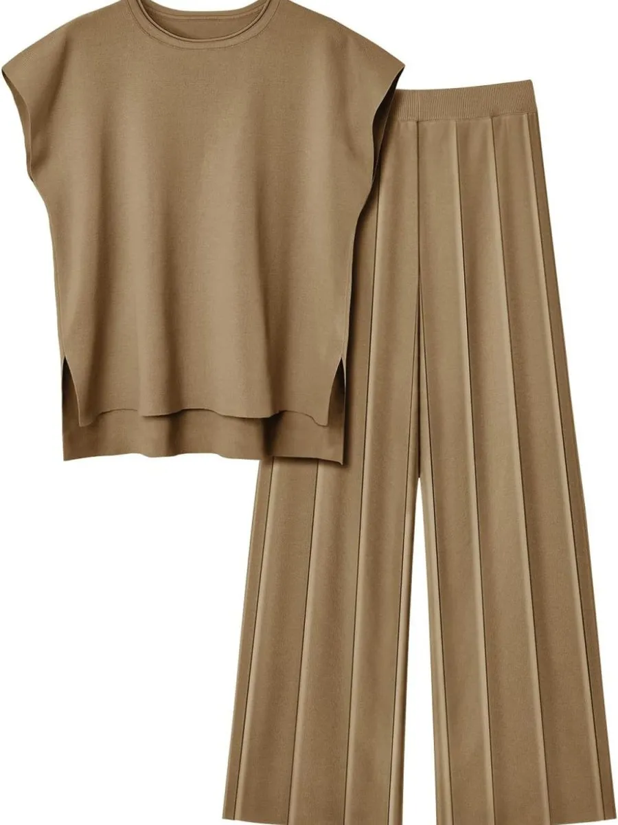 Cap Sleeve Round Neck Knit Two-Piece Set - Top & Pants