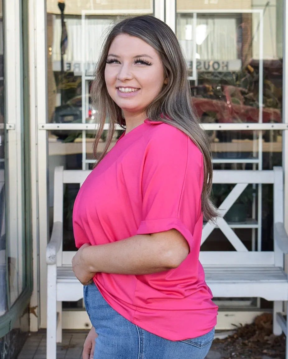 CARA COLLARED TOP - HOT PINK -  REG/CURVY