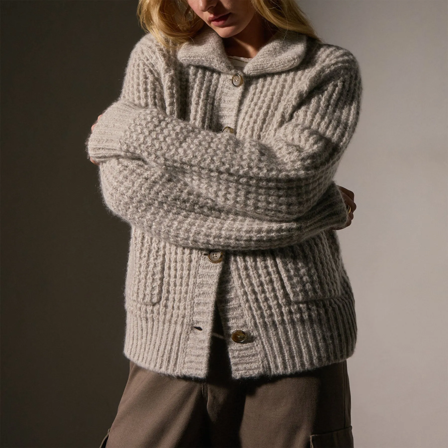 Cashmere Chunky Waffle Cardigan - Hazel