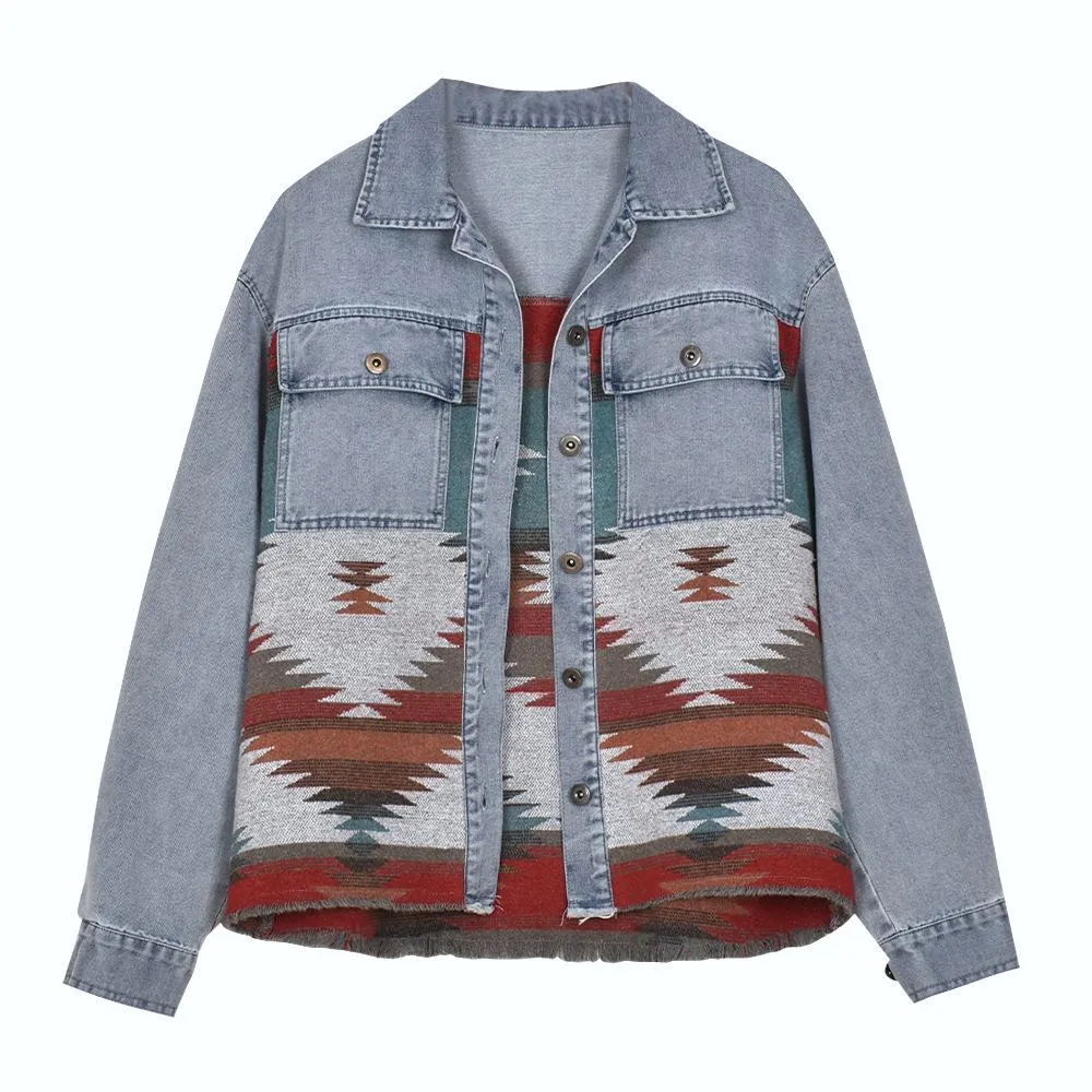 Casual Pile Collar Painting Tassel Denim Jacket Outerwear Cardigans