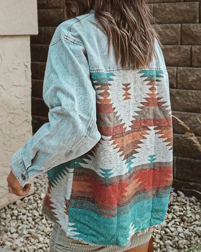 Casual Pile Collar Painting Tassel Denim Jacket Outerwear Cardigans