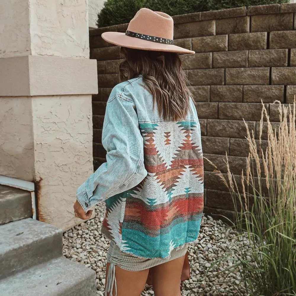 Casual Pile Collar Painting Tassel Denim Jacket Outerwear Cardigans