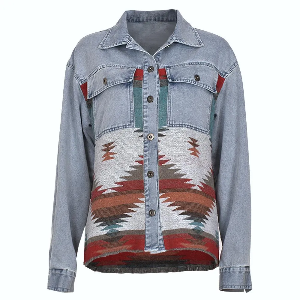 Casual Pile Collar Painting Tassel Denim Jacket Outerwear Cardigans