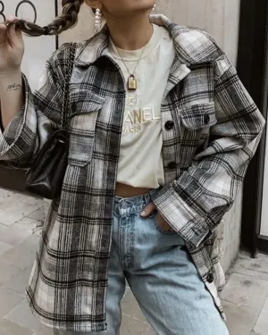 Casual Single-breasted Plaid Shirt Cardigans Coat
