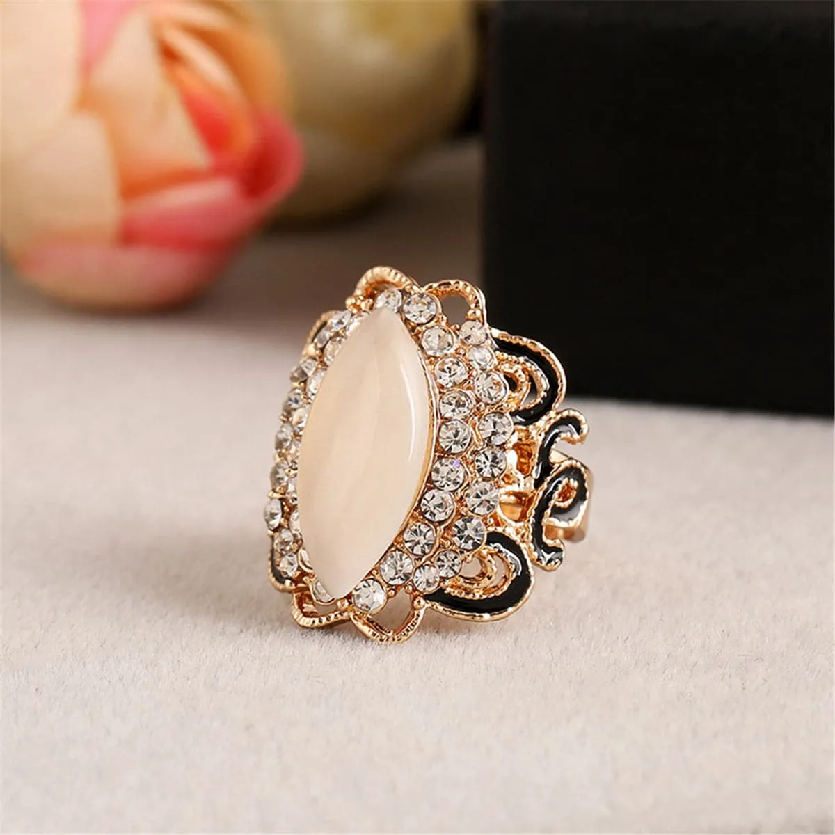 Cats Eye & Cubic Zirconia Ellipse Floral Cocktail Ring