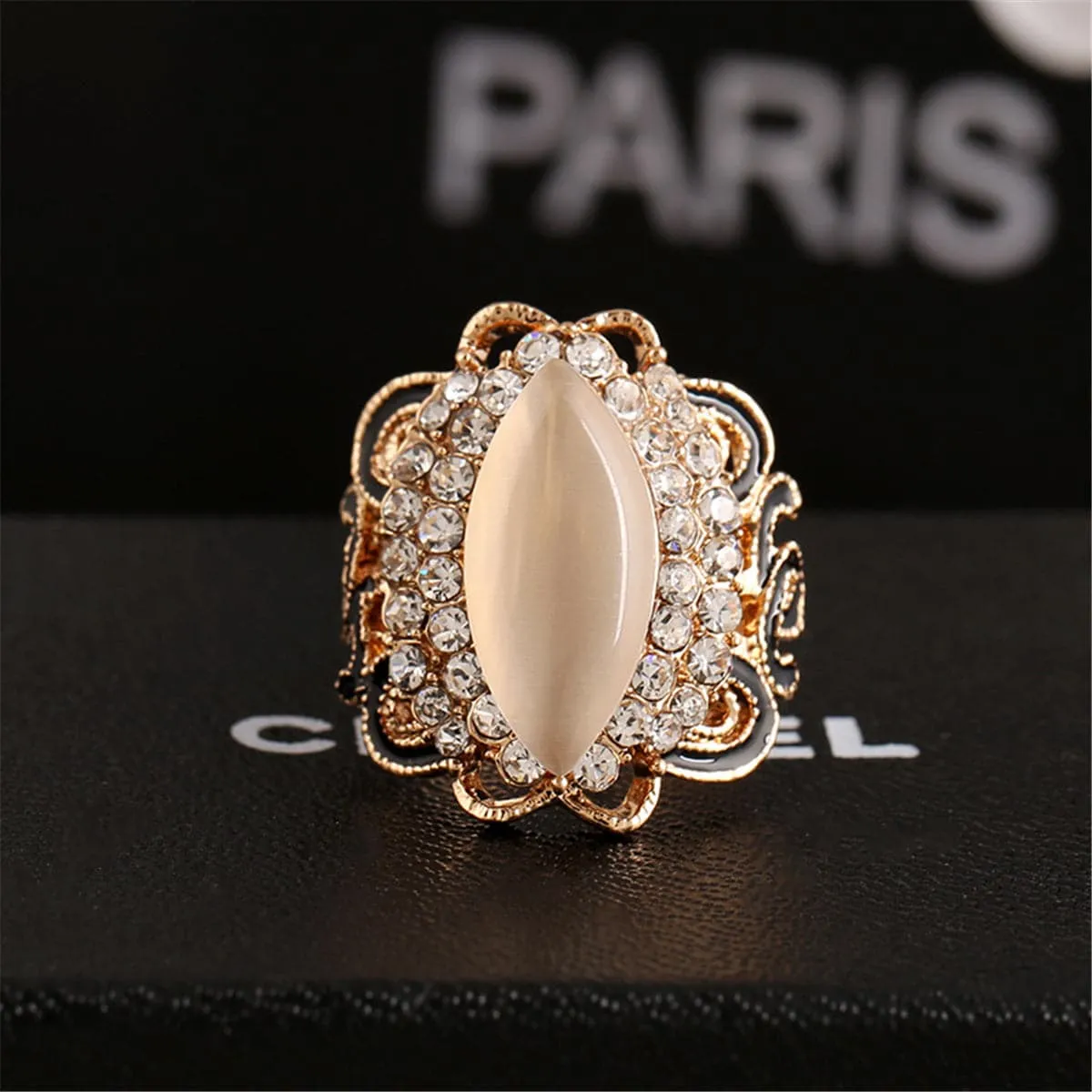 Cats Eye & Cubic Zirconia Ellipse Floral Cocktail Ring