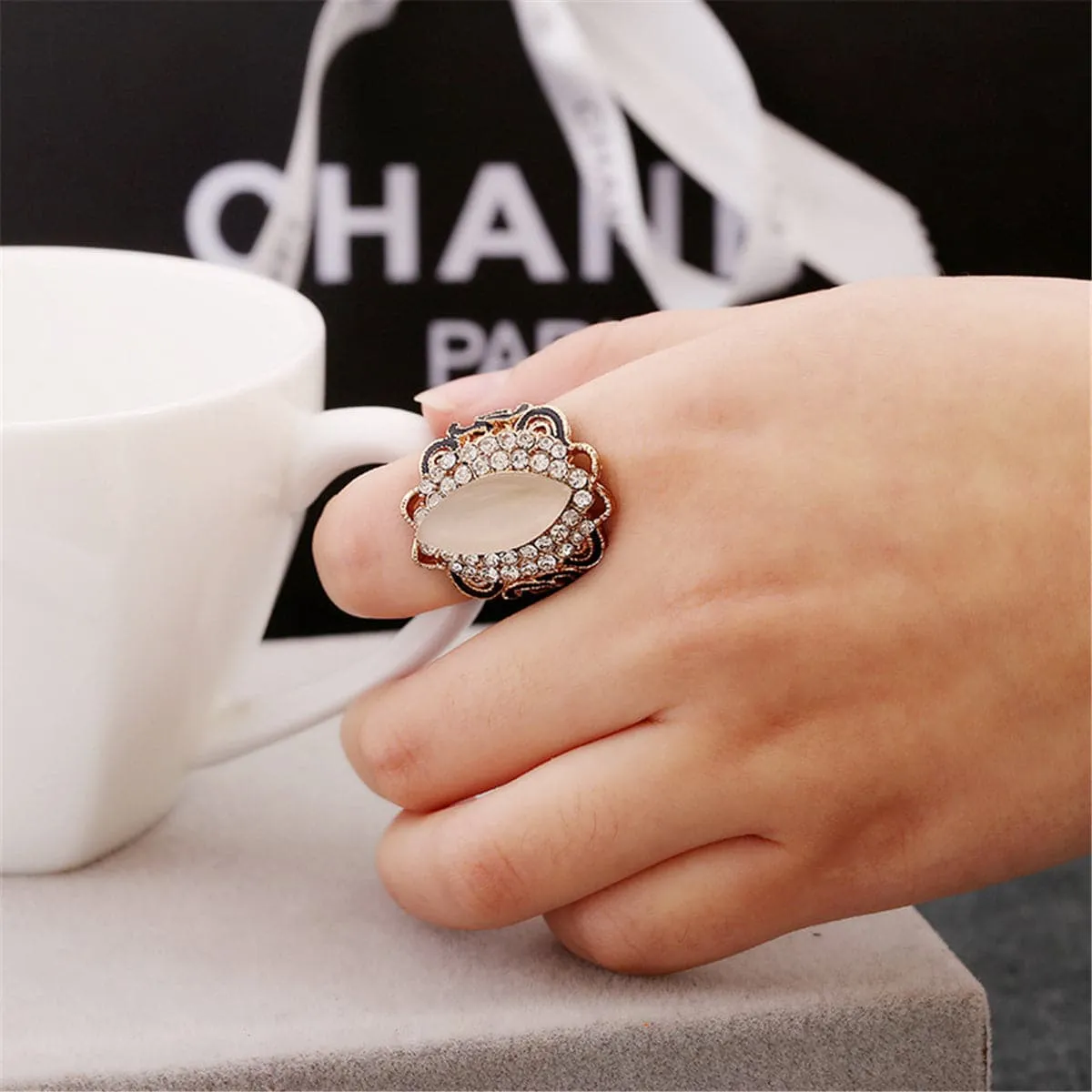 Cats Eye & Cubic Zirconia Ellipse Floral Cocktail Ring