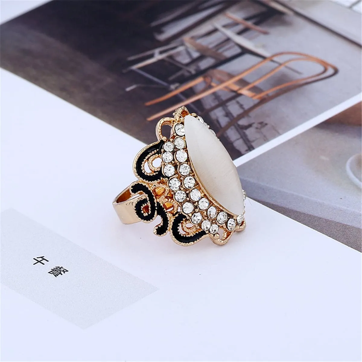 Cats Eye & Cubic Zirconia Ellipse Floral Cocktail Ring