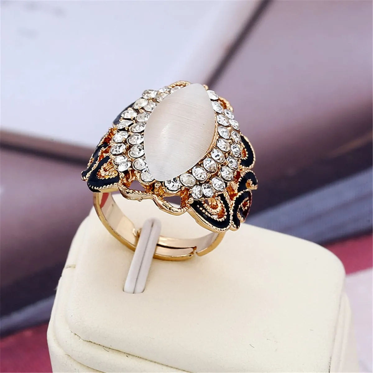 Cats Eye & Cubic Zirconia Ellipse Floral Cocktail Ring