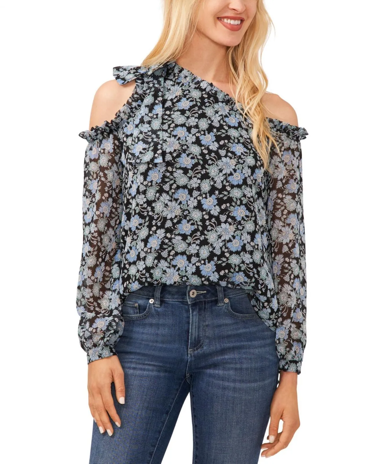 Cece Women's Long Sleeve Cold-Shoulder Bow Floral-Print Blouse 7033097