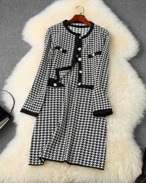 Classic Houndstooth Single-breasted Cardigan Vest Dress Two-piece Set