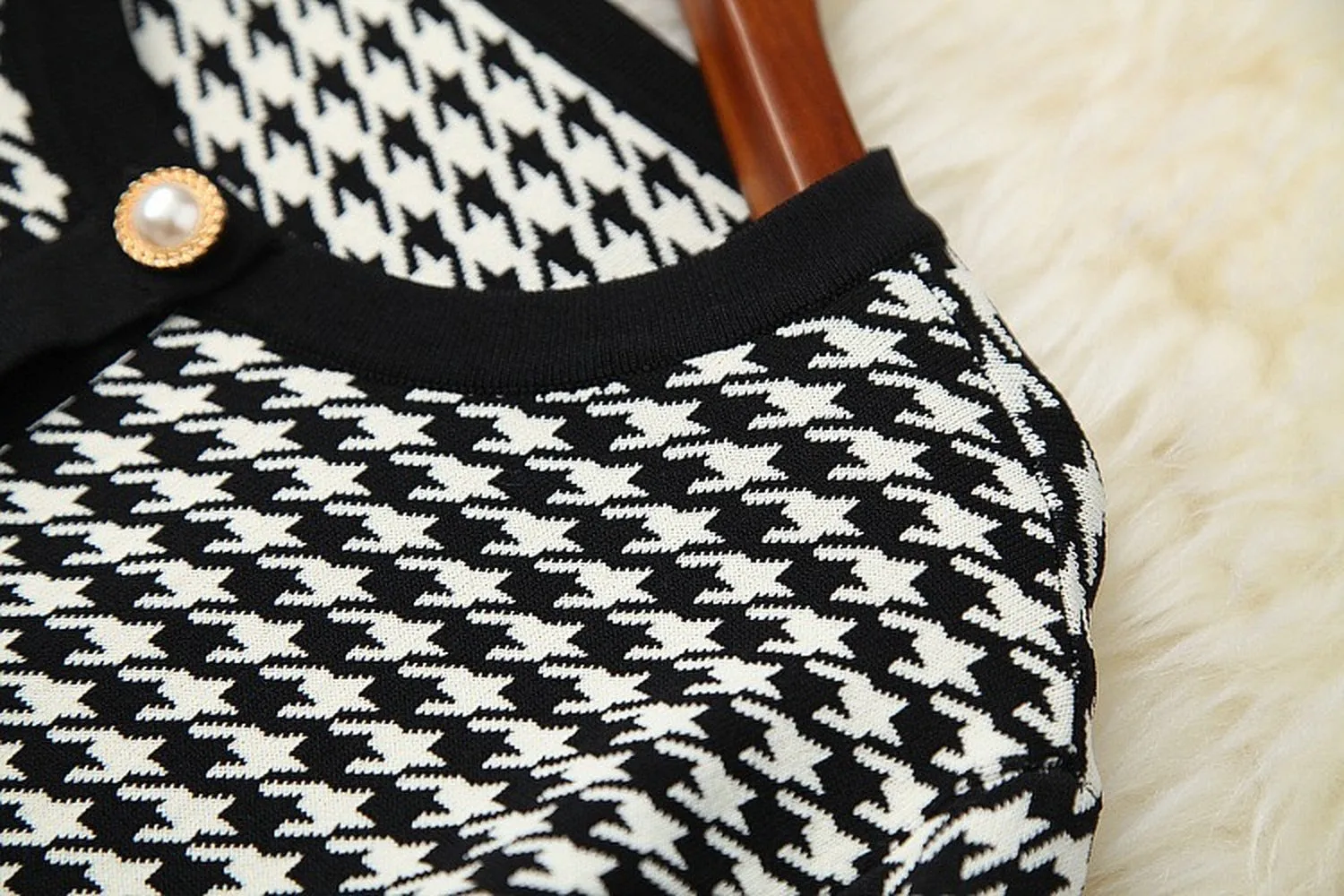 Classic Houndstooth Single-breasted Cardigan Vest Dress Two-piece Set