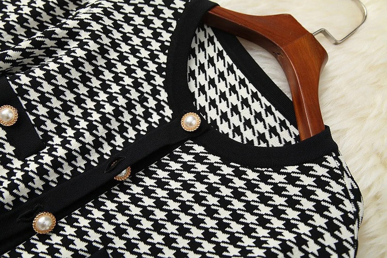 Classic Houndstooth Single-breasted Cardigan Vest Dress Two-piece Set