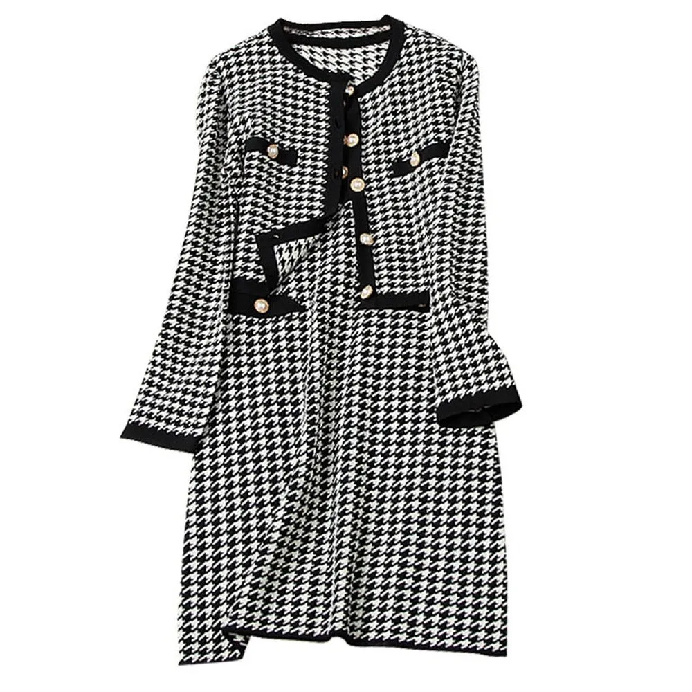 Classic Houndstooth Single-breasted Cardigan Vest Dress Two-piece Set