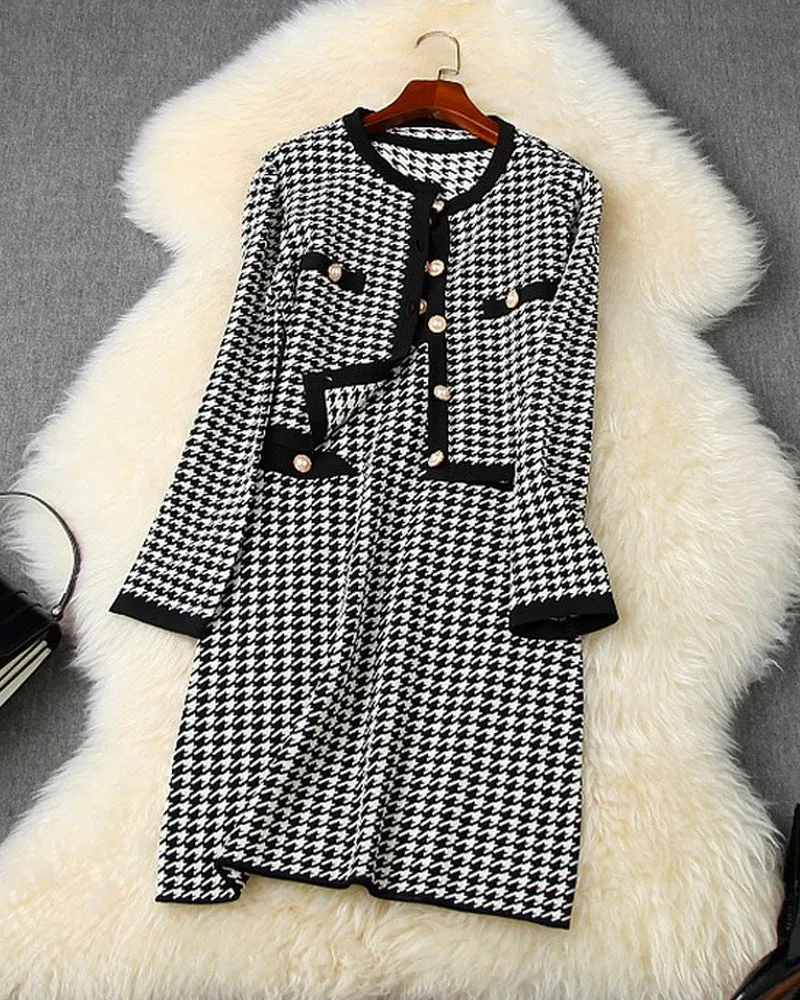Classic Houndstooth Single-breasted Cardigan Vest Dress Two-piece Set