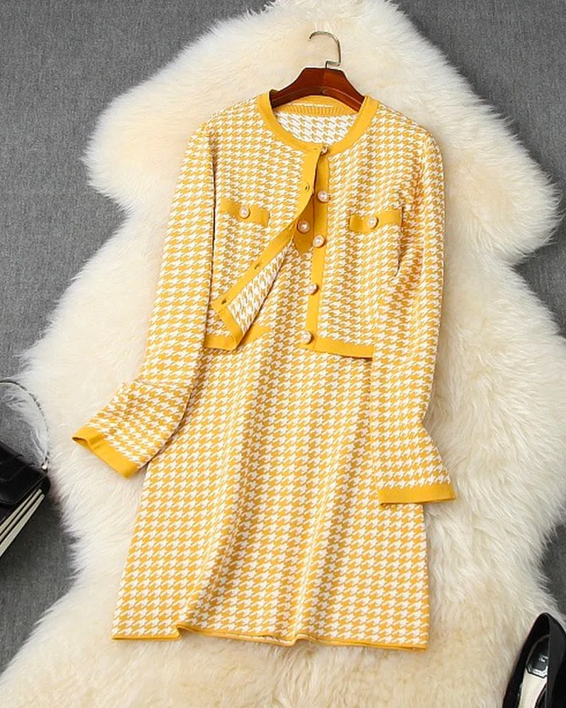 Classic Houndstooth Single-breasted Cardigan Vest Dress Two-piece Set