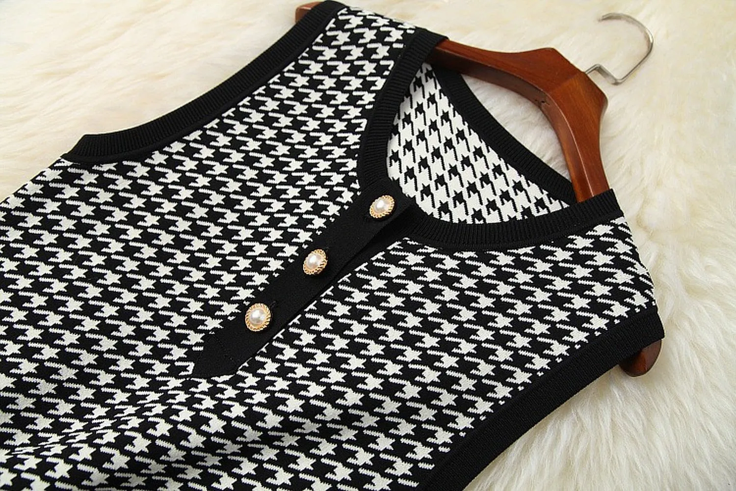 Classic Houndstooth Single-breasted Cardigan Vest Dress Two-piece Set