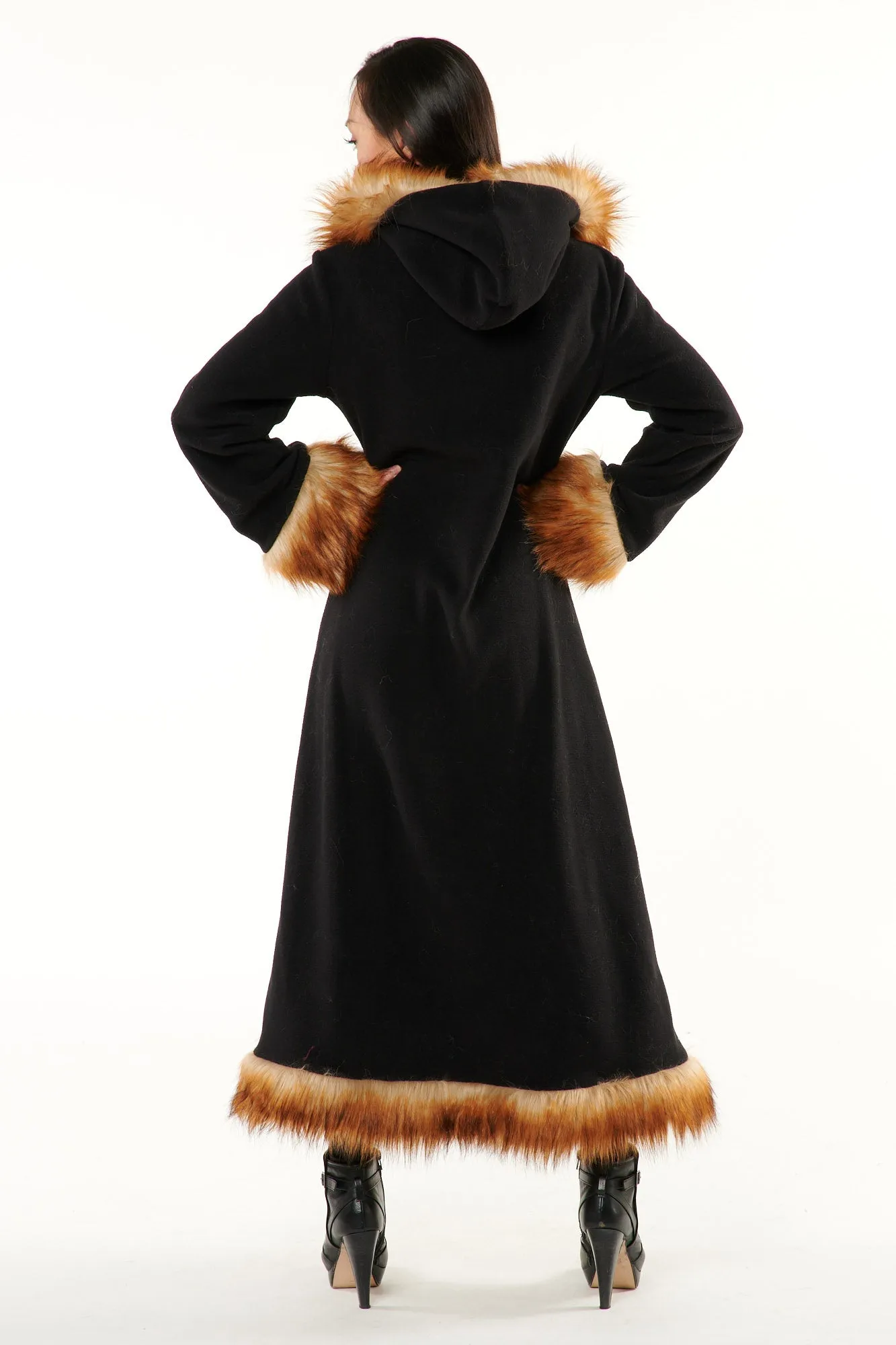 Classic Tamo Coat: Black Coat   Brown Fox Faux Fur Trim
