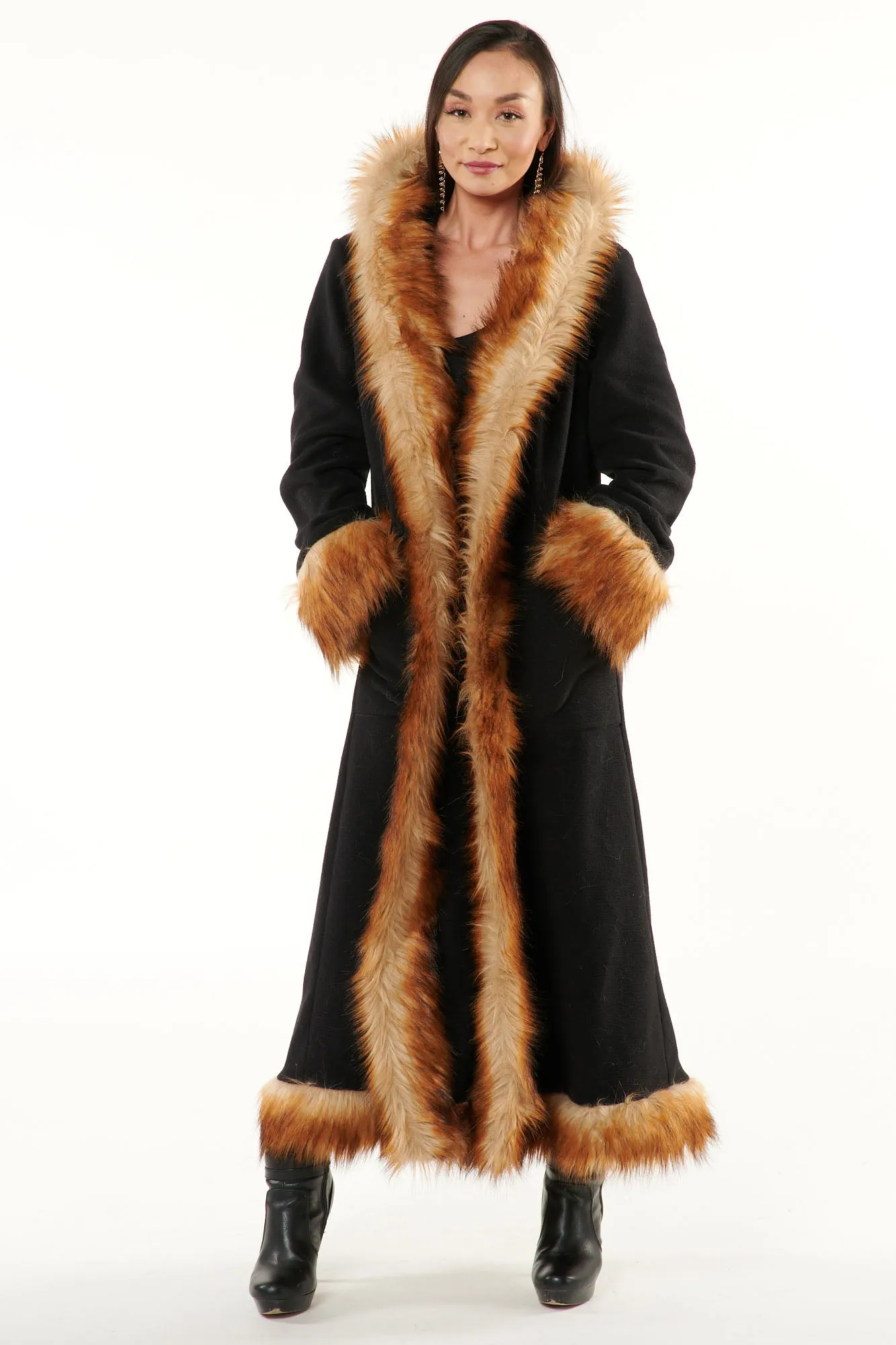 Classic Tamo Coat: Black Coat   Brown Fox Faux Fur Trim