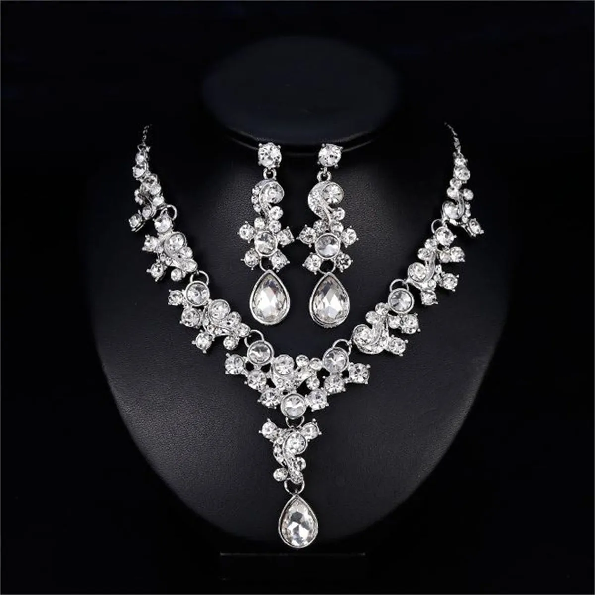 Clear Crystal & Cubic Zirconia Flower Drop Earrings & Necklace Set