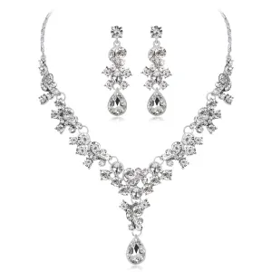 Clear Crystal & Cubic Zirconia Flower Drop Earrings & Necklace Set
