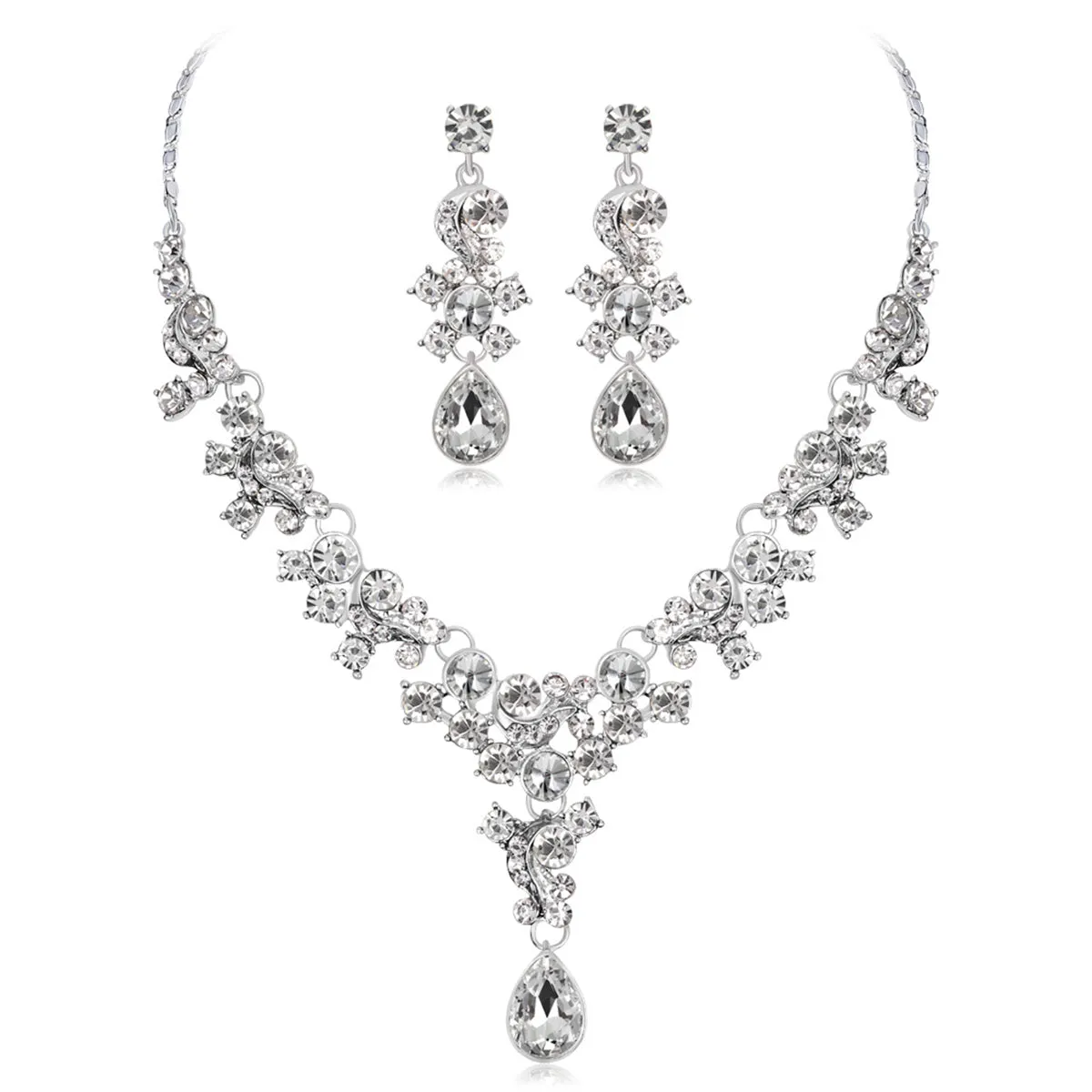 Clear Crystal & Cubic Zirconia Flower Drop Earrings & Necklace Set