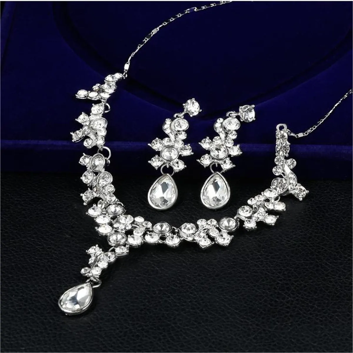 Clear Crystal & Cubic Zirconia Flower Drop Earrings & Necklace Set