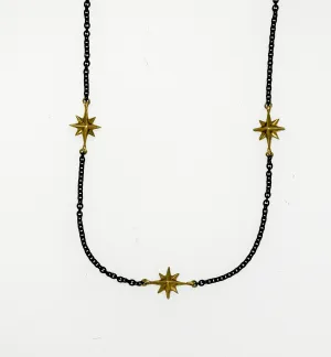 Compass Rose 14K Gold Endless Stars Necklace with Three Stars on Black Cable Link Chain