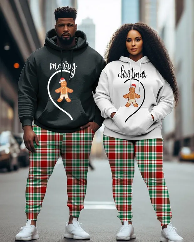 Couple Plus Size Casual Couple Outfit Gingerbread Man Red Plaid Hoodie Suit
