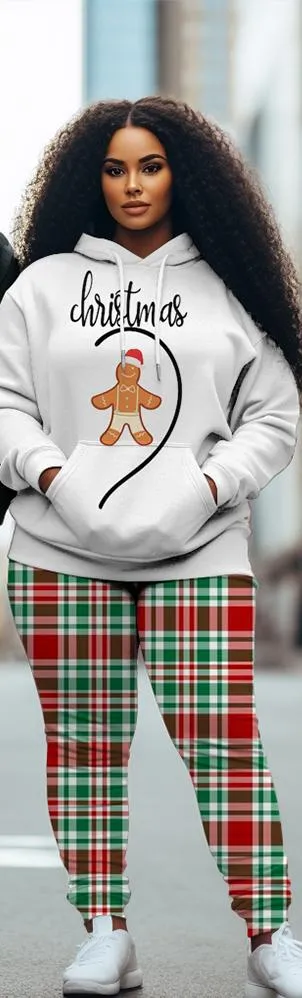 Couple Plus Size Casual Couple Outfit Gingerbread Man Red Plaid Hoodie Suit
