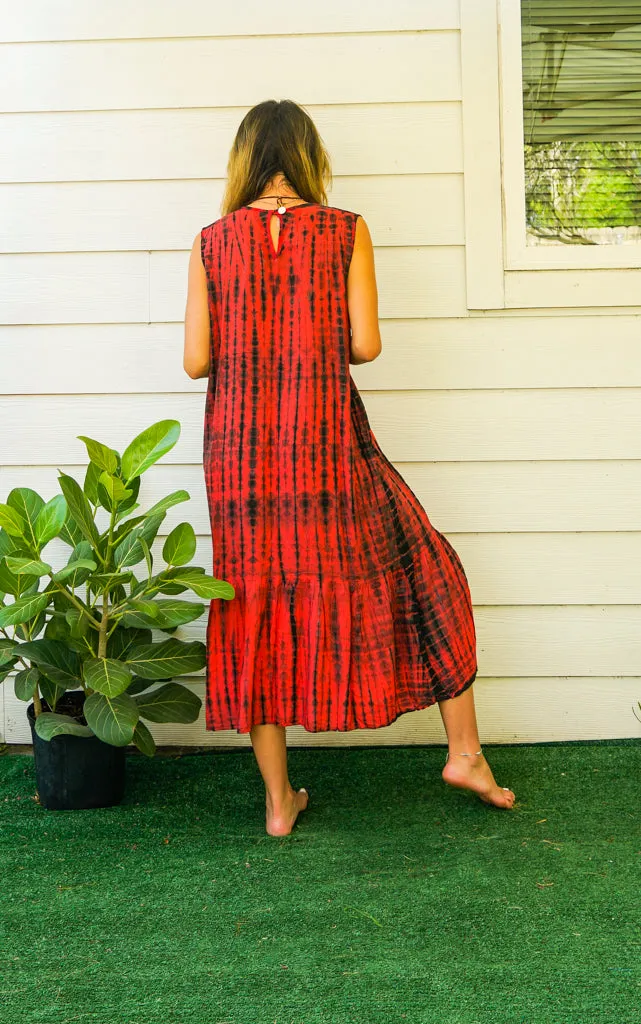Crimson Dusk Tie Dye Tiered Dress