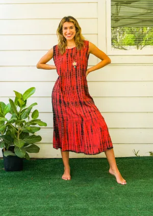 Crimson Dusk Tie Dye Tiered Dress