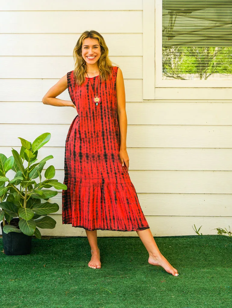 Crimson Dusk Tie Dye Tiered Dress