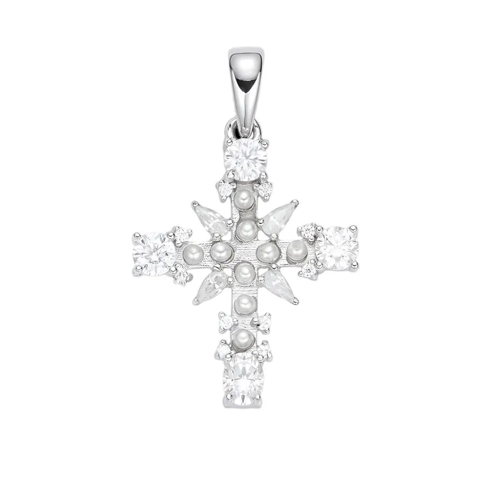 Cross Pearl Lab-Created Moissanite Sterling Silver Charm Pendant - M415899