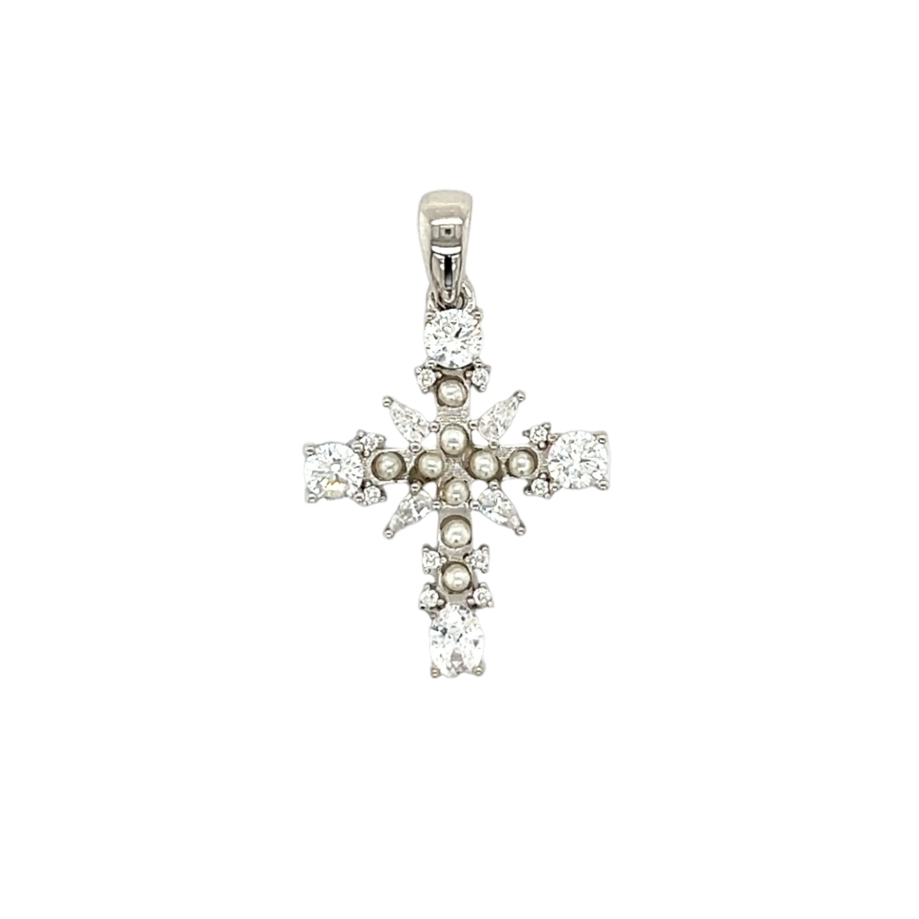 Cross Pearl Lab-Created Moissanite Sterling Silver Charm Pendant - M415899