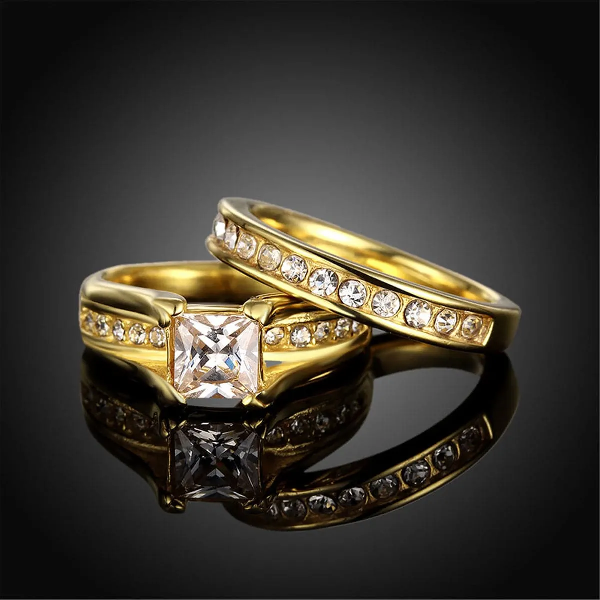 Crystal & Cubic Zirconia 18K Gold-Plated Wedding Ring Set