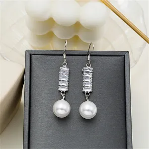 Crystal & Pearl Silver-Plated Stacked Baguette Drop Earrings