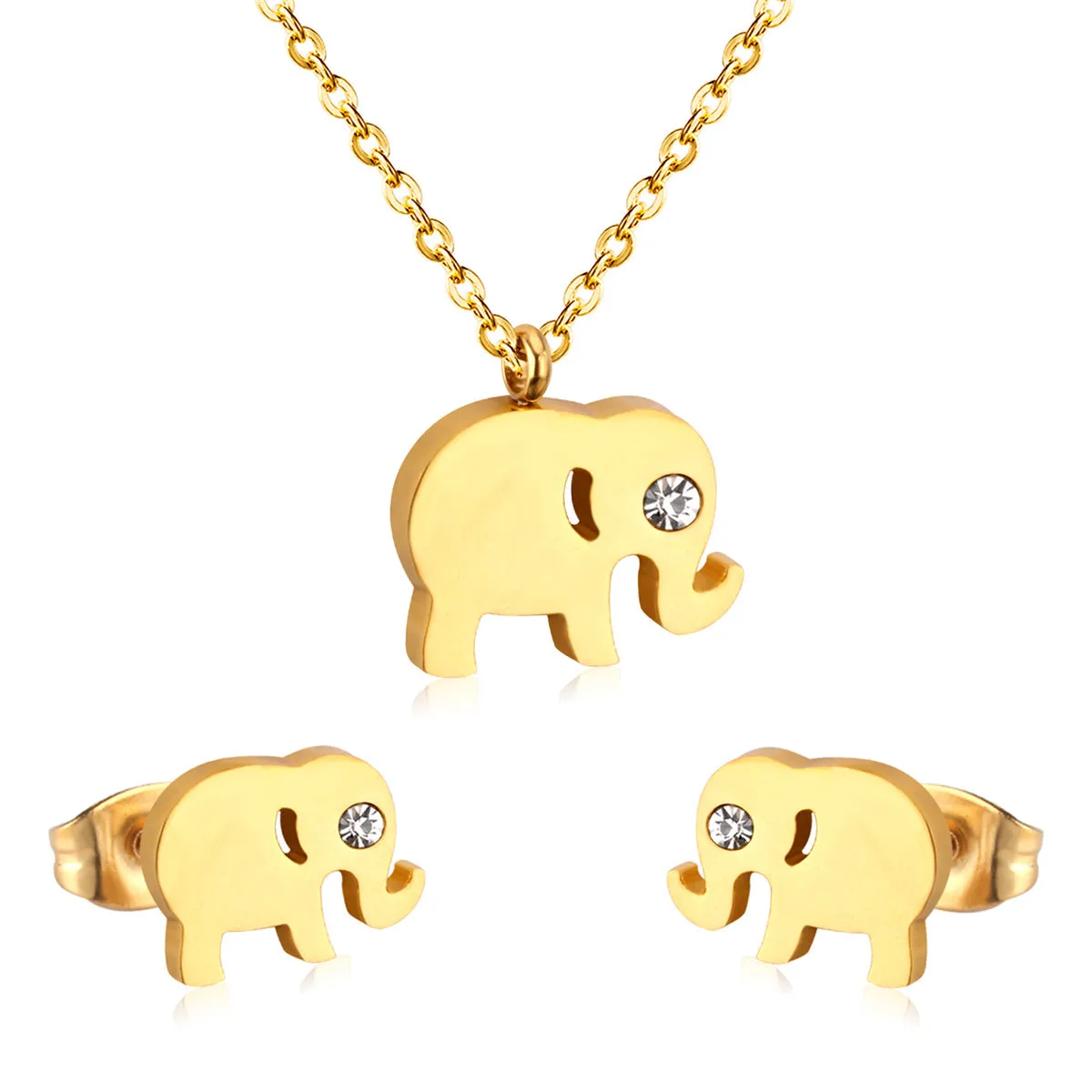 Cubic Zirconia & 18K Gold-Plated Elephant Pendant Necklace & Stud Earrings