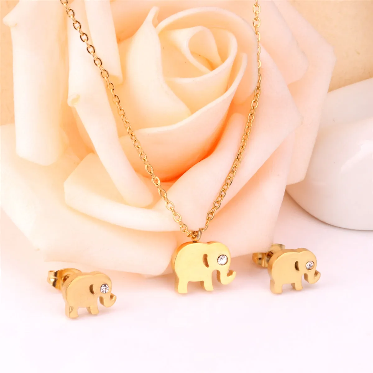 Cubic Zirconia & 18K Gold-Plated Elephant Pendant Necklace & Stud Earrings