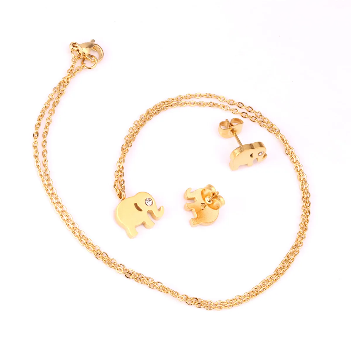Cubic Zirconia & 18K Gold-Plated Elephant Pendant Necklace & Stud Earrings