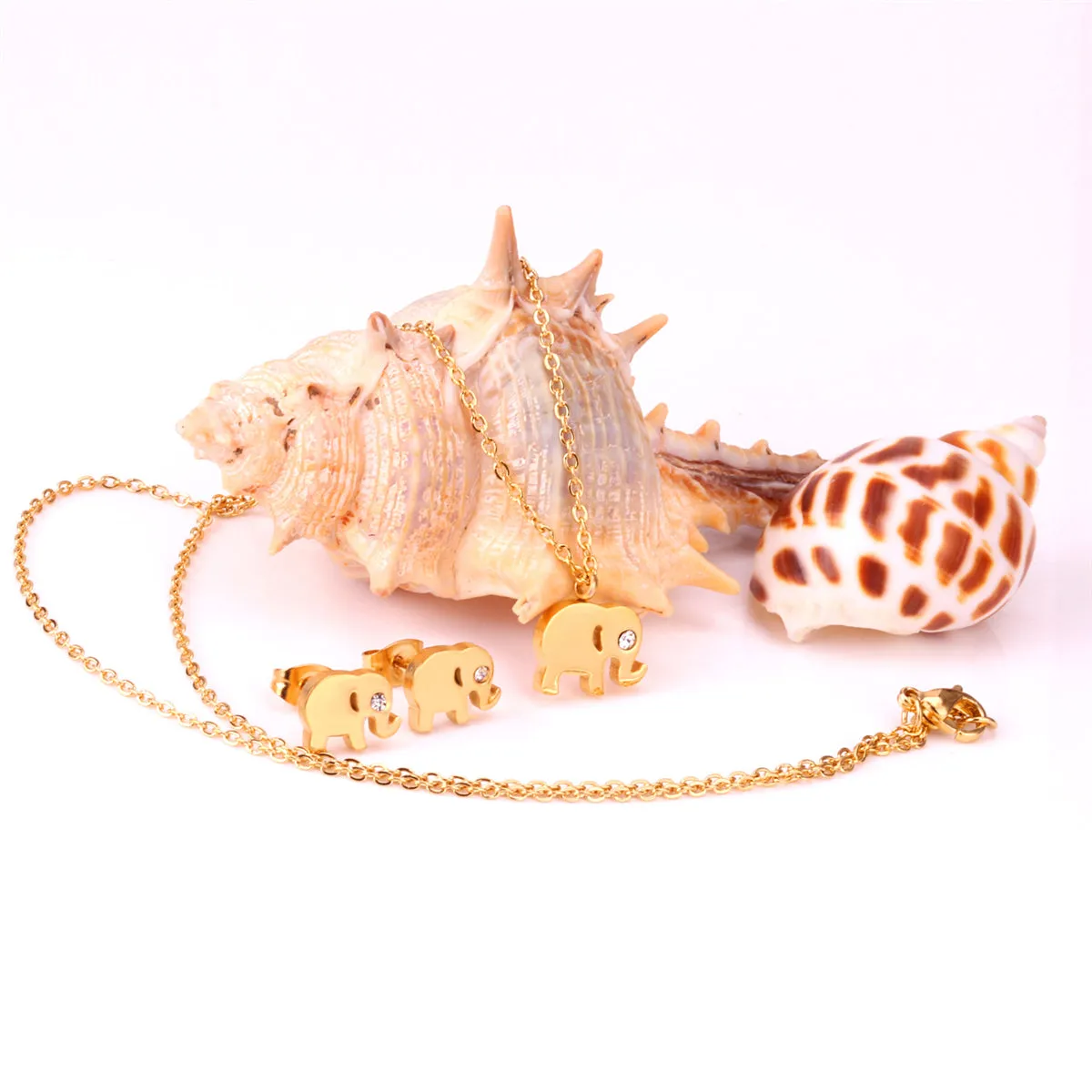 Cubic Zirconia & 18K Gold-Plated Elephant Pendant Necklace & Stud Earrings