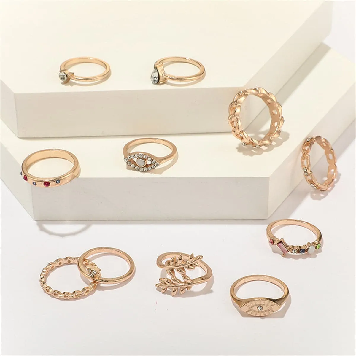 Cubic Zirconia & 18K Gold-Plated Eye Ring Set