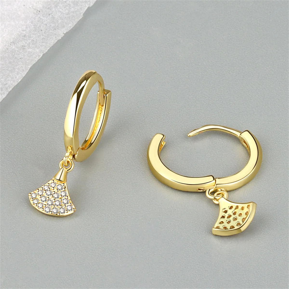 Cubic Zirconia & 18K Gold-Plated Fan Charm Huggie Earrings