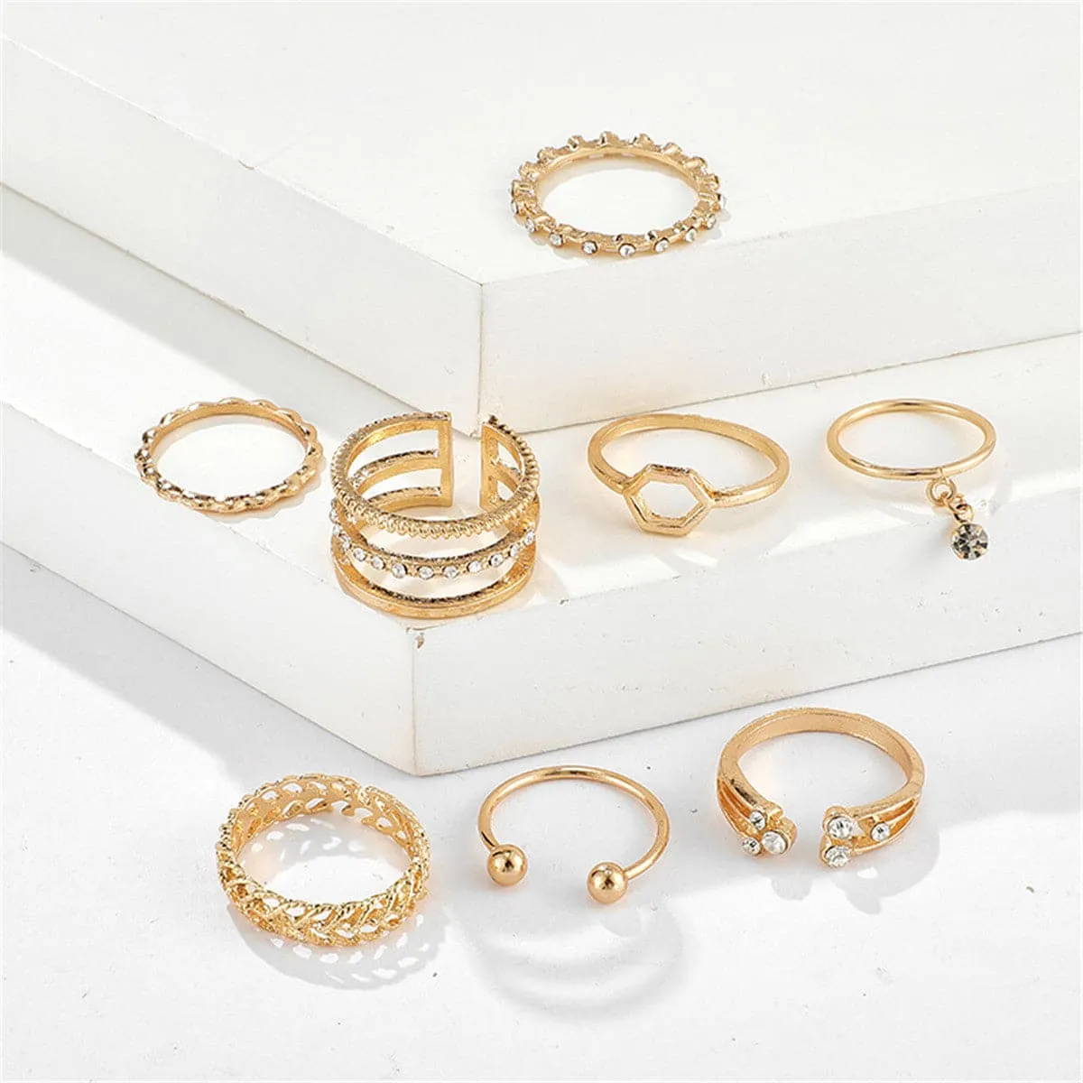 Cubic Zirconia & 18K Gold-Plated Openwork Octagon Ring Set